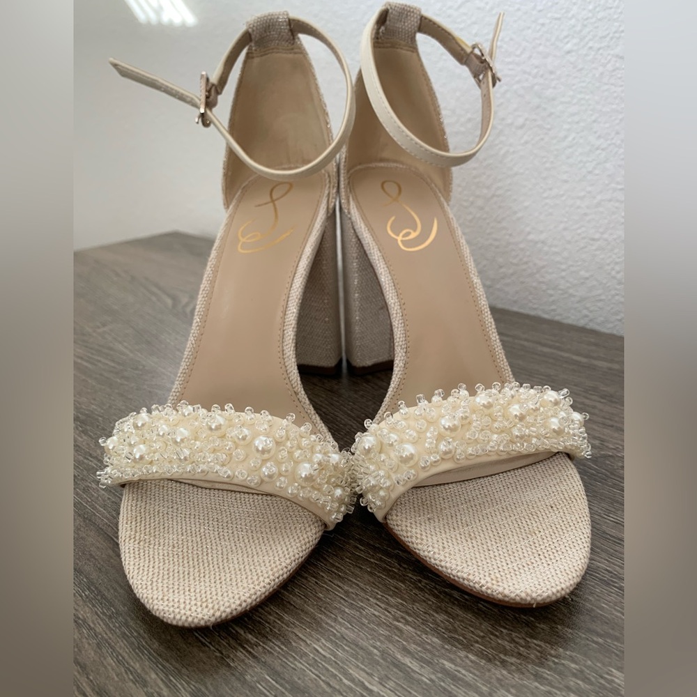 Sam Edelman Beaded Pearl Ankle Strap Block Heels in Ivory
